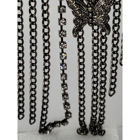 A Gunmetal Rhinestone Necklace Fringe Chain Butterfly Steampunk Boho Fairy Core - Picture 2 of 9